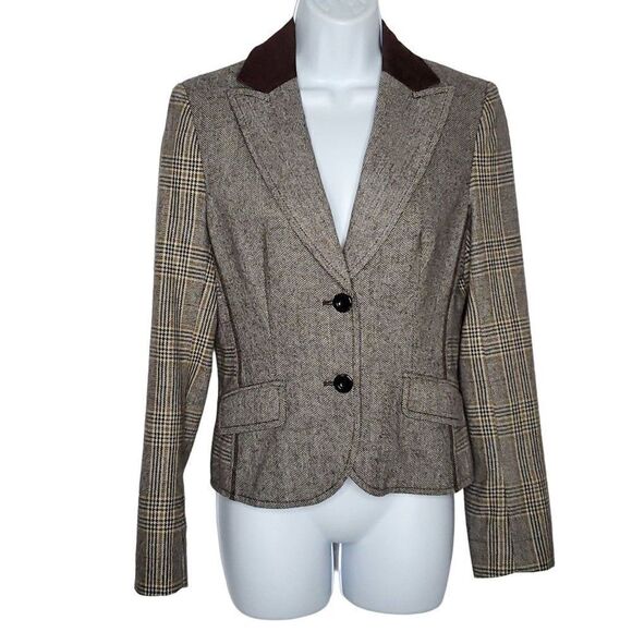 Vtg Y2K Esprit Wool Riding Blazer Coat 4 Single Breasted Plaid Herringbone Brown - Picture 1 of 6